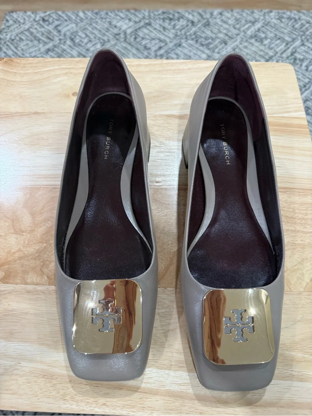 Tory Burch Taupe Leather Georgia Block Heel Flats with Gold Emblem